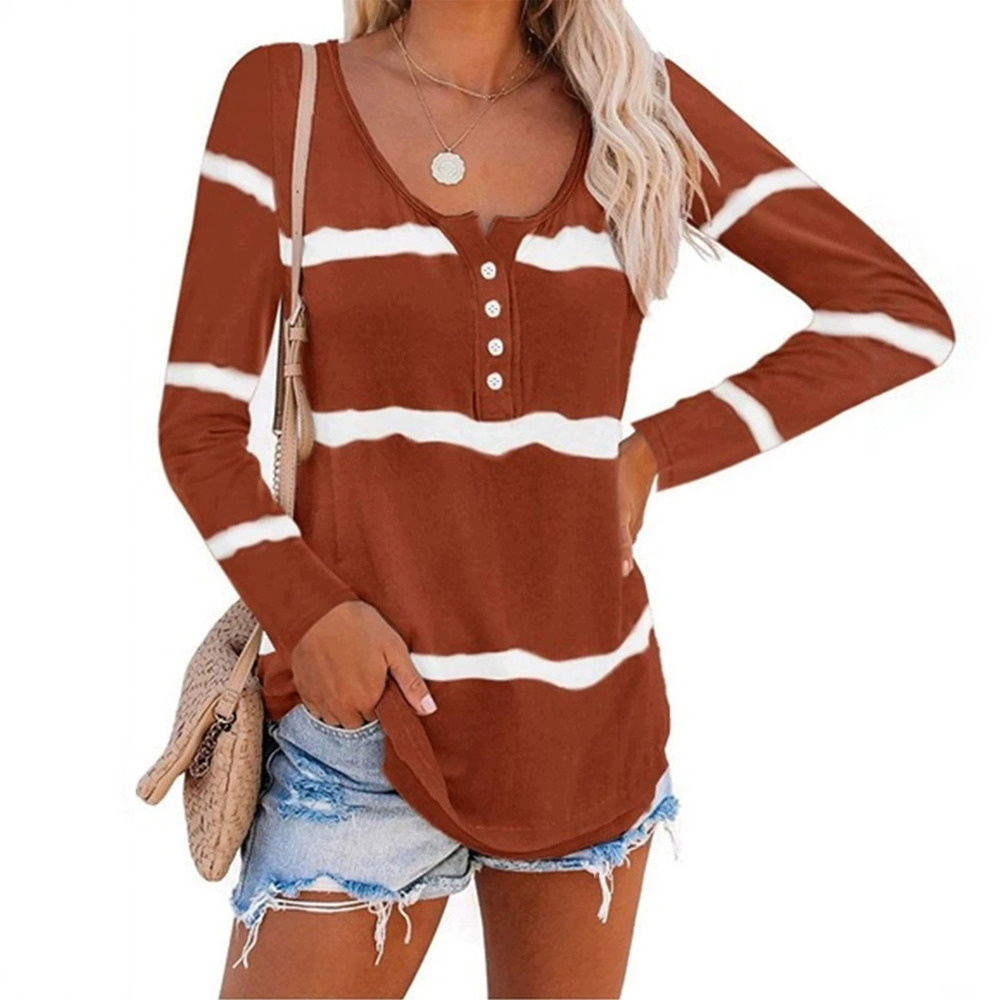 ZARA Striped Button Front Long Sleeve Round Neck Casual Versatile T Shirt